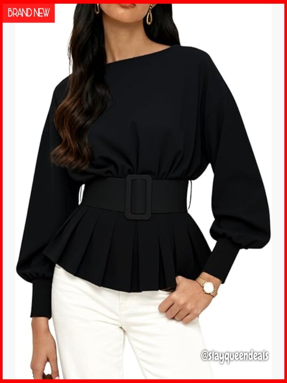 Peplum Sweatshirt Tunic with Belt, Long Sleeve Boat Neck Pullover